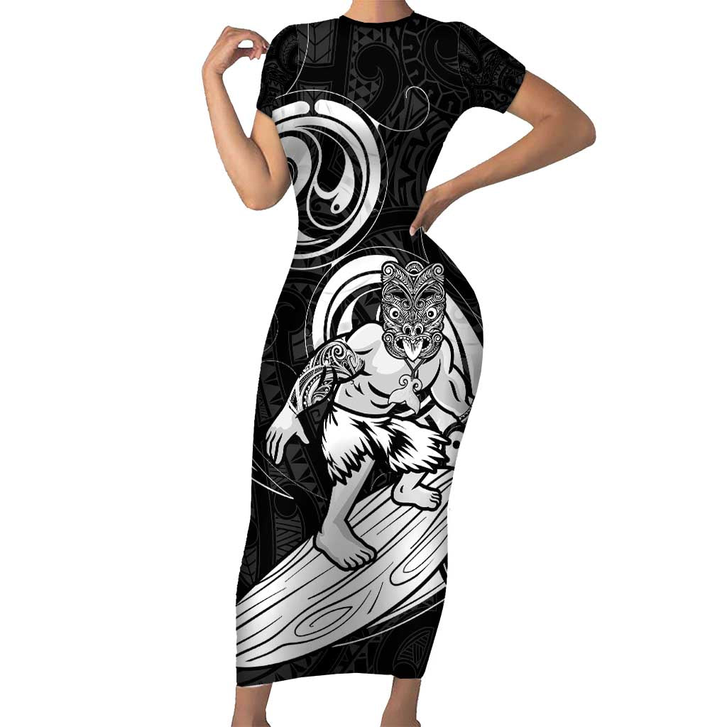 Personalised New Zealand Surfing Family Matching Short Sleeve Bodycon Dress and Hawaiian Shirt Aotearoa Maori Tiki Haka