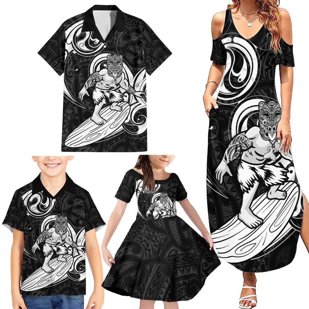 Personalised New Zealand Surfing Family Matching Summer Maxi Dress and Hawaiian Shirt Aotearoa Maori Tiki Haka