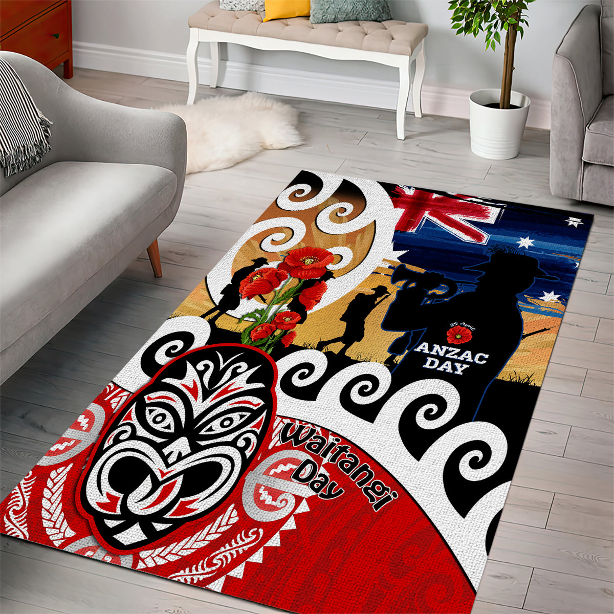 New Zealand Waitangi And ANZAC Day Area Rug Aotearoa Maori Tiki With Last Post - Vibe Hoodie Shop