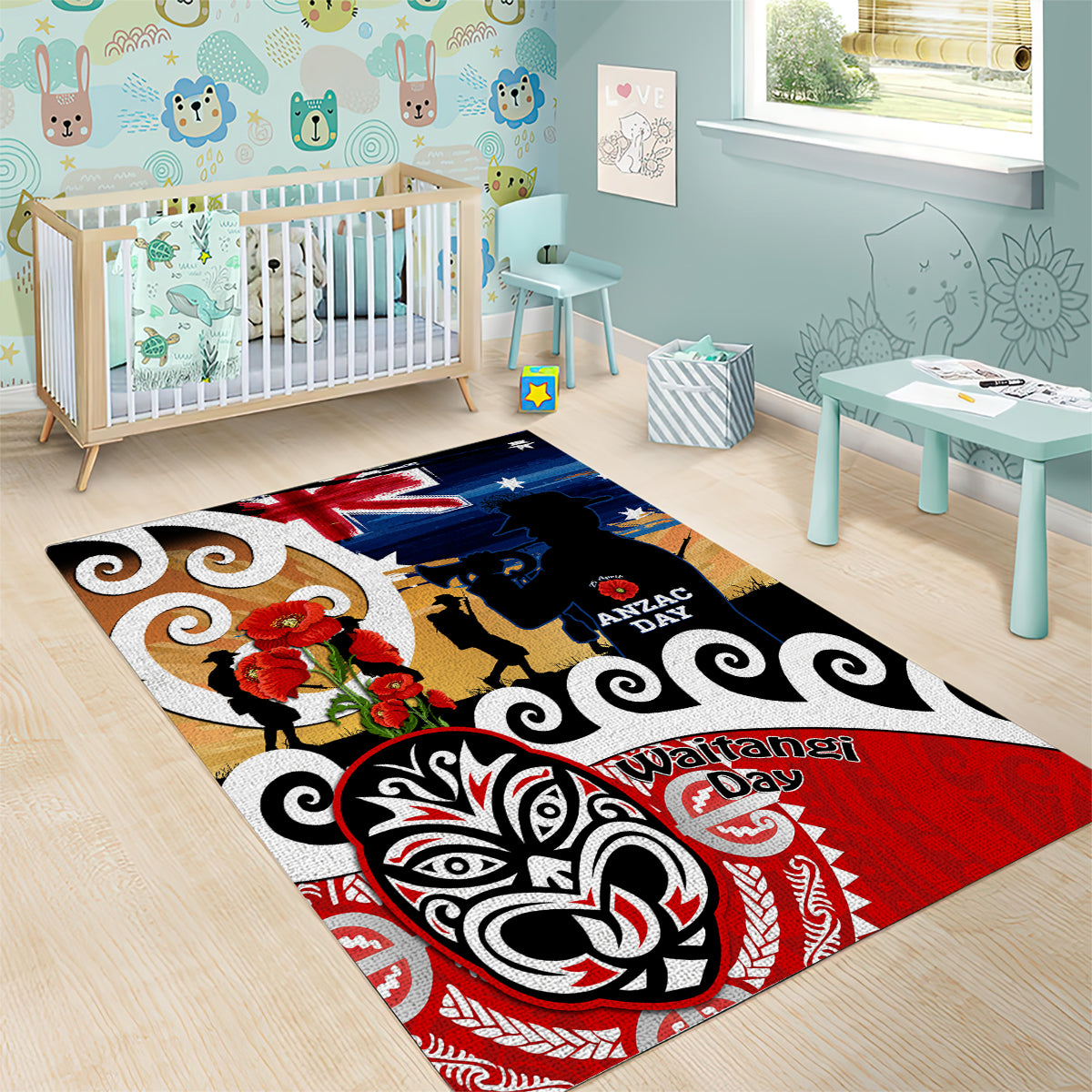 New Zealand Waitangi And ANZAC Day Area Rug Aotearoa Maori Tiki With Last Post - Vibe Hoodie Shop