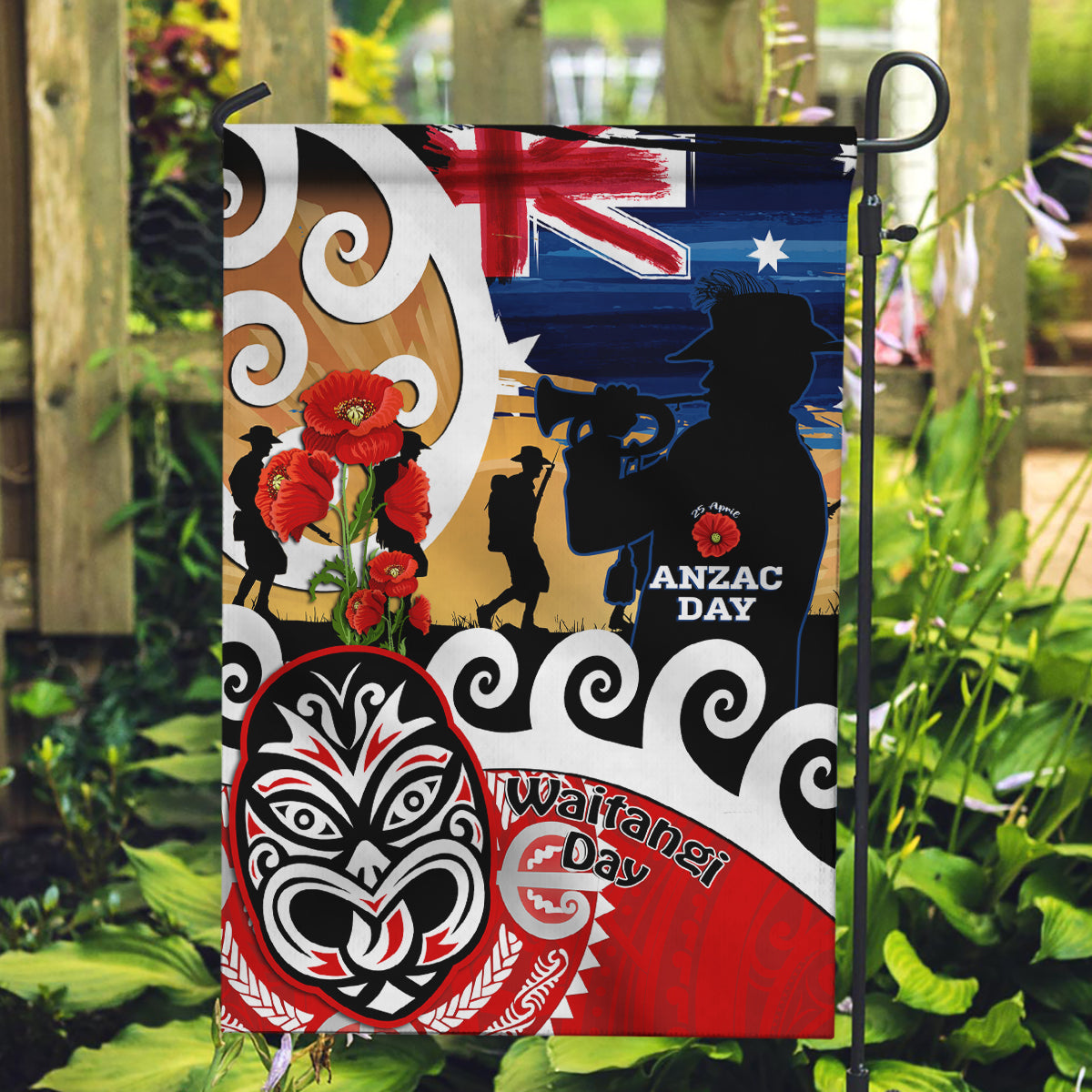 New Zealand Waitangi And ANZAC Day Garden Flag Aotearoa Maori Tiki With Last Post - Vibe Hoodie Shop