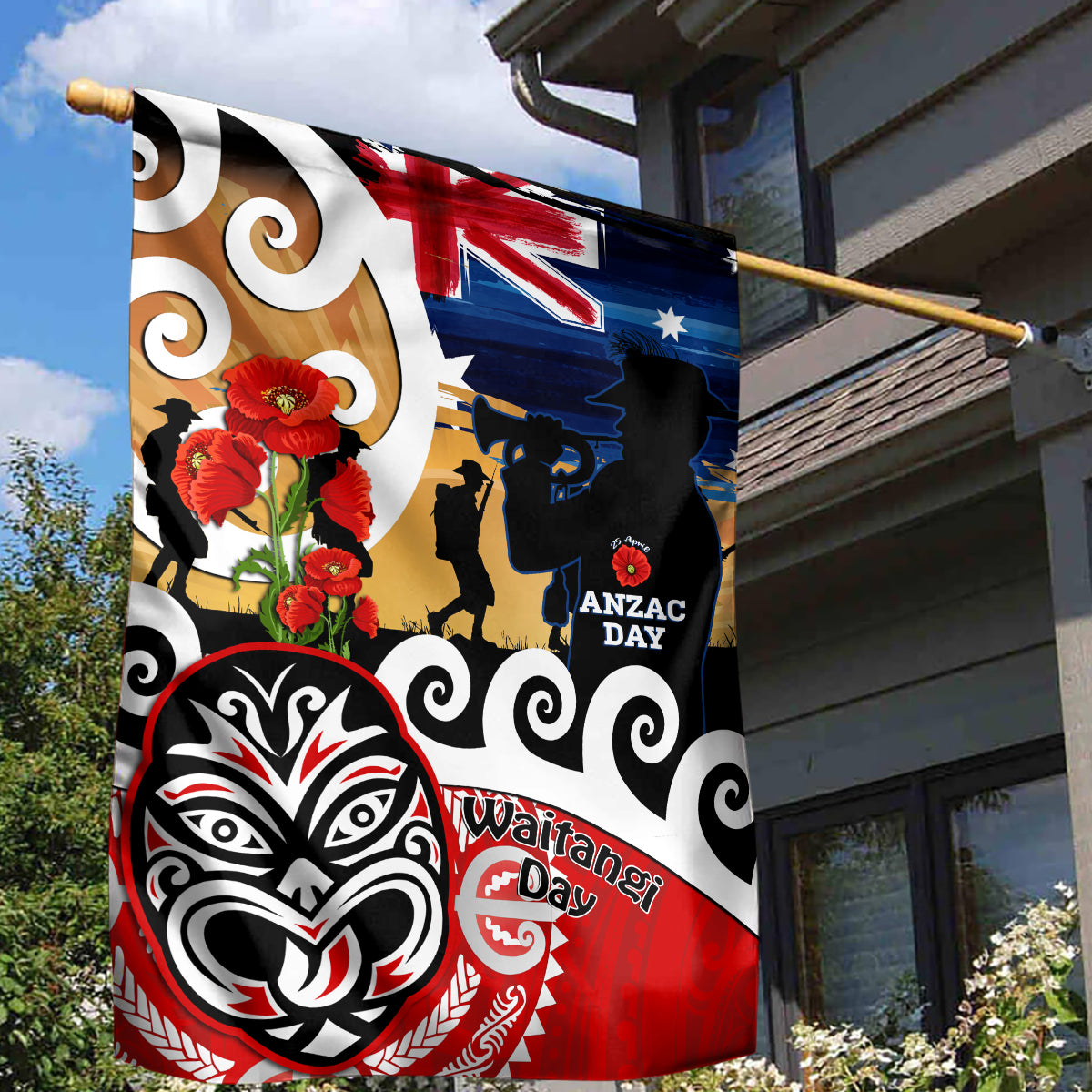 New Zealand Waitangi And ANZAC Day Garden Flag Aotearoa Maori Tiki With Last Post - Vibe Hoodie Shop