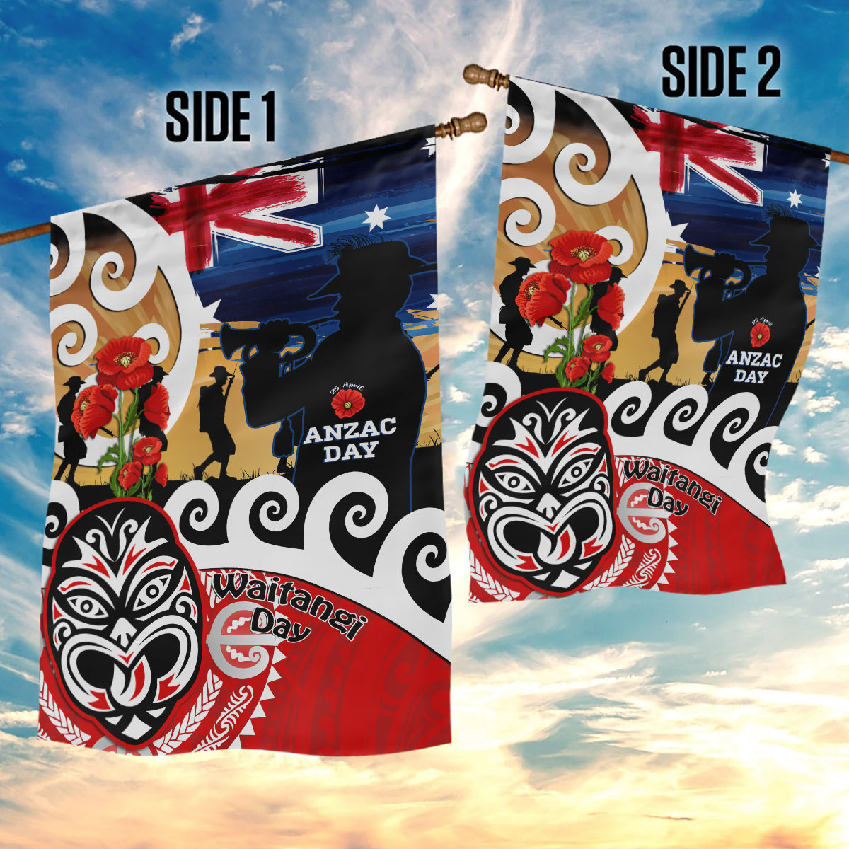 New Zealand Waitangi And ANZAC Day Garden Flag Aotearoa Maori Tiki With Last Post - Vibe Hoodie Shop