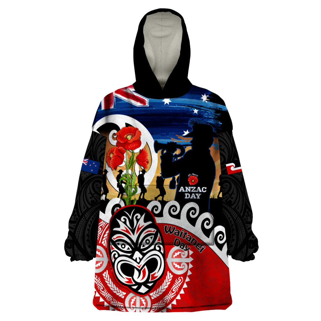 New Zealand Waitangi And ANZAC Day Wearable Blanket Hoodie Aotearoa Maori Tiki With Last Post - Vibe Hoodie Shop