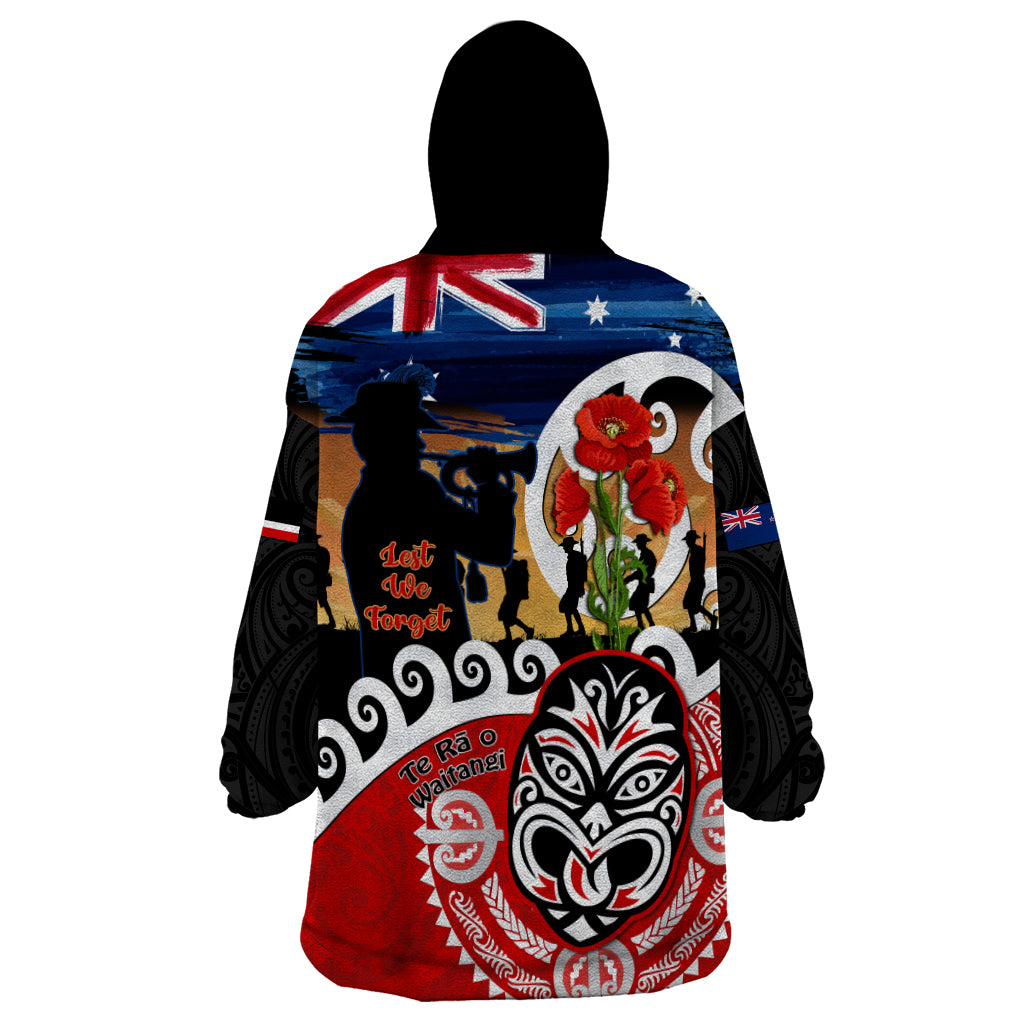 New Zealand Waitangi And ANZAC Day Wearable Blanket Hoodie Aotearoa Maori Tiki With Last Post - Vibe Hoodie Shop