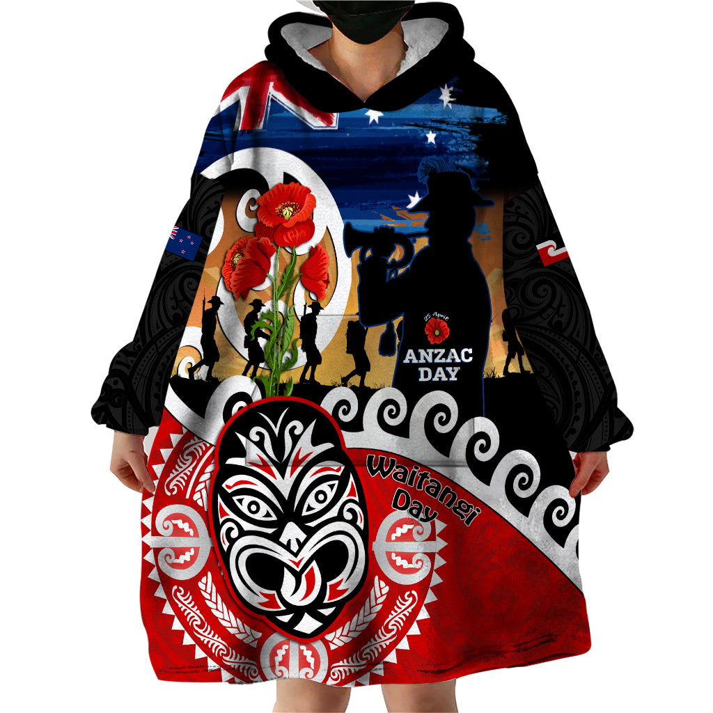 New Zealand Waitangi And ANZAC Day Wearable Blanket Hoodie Aotearoa Maori Tiki With Last Post - Vibe Hoodie Shop