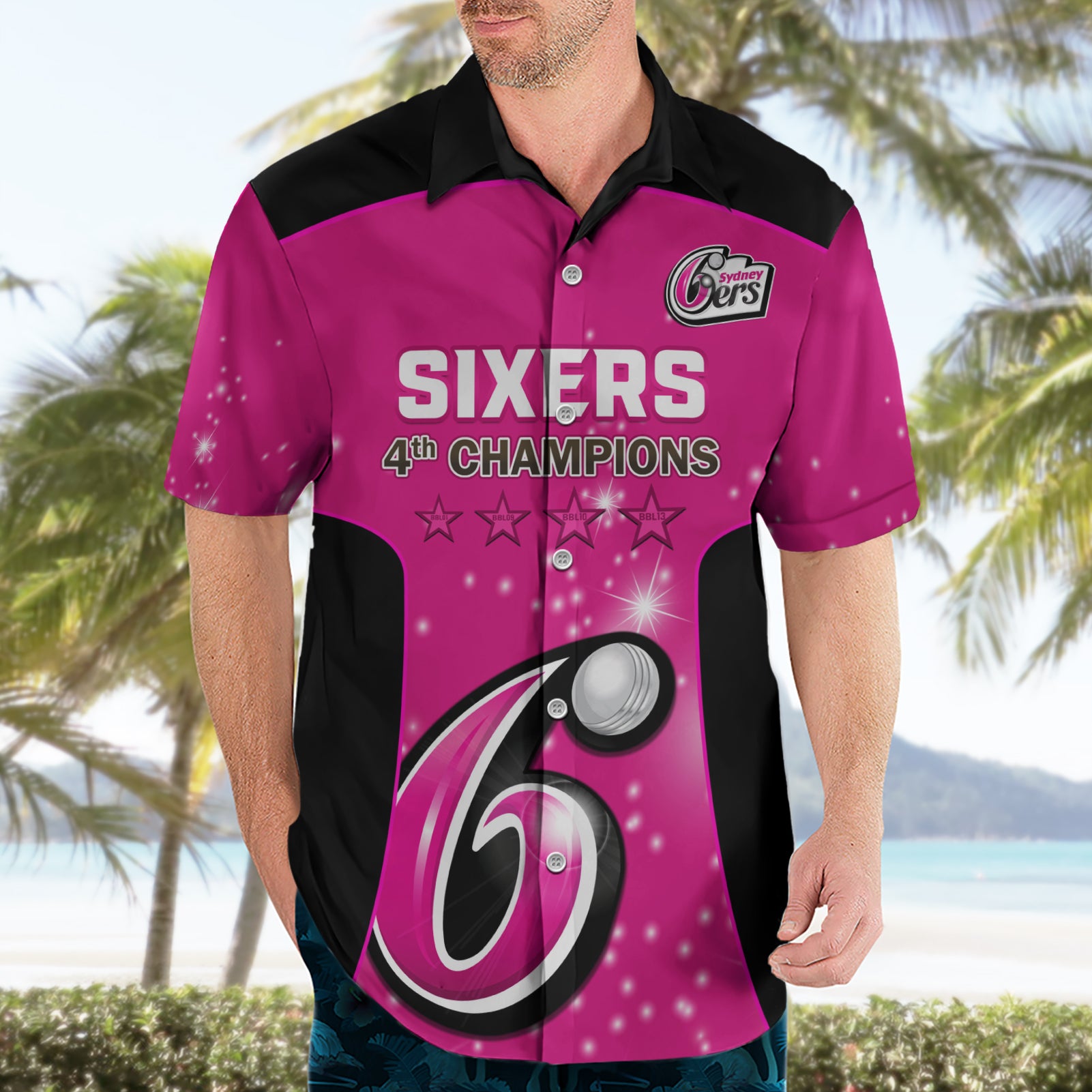 Personalised BBL Sydney Sixers Hawaiian Shirt 4th Champions 2024 New History - Vibe Hoodie Shop