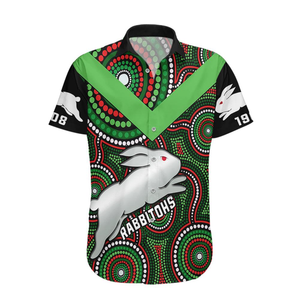 Personalised Rabbitohs Rugby Hawaiian Shirt Souths 1908 Indigenous Art - Vibe Hoodie Shop