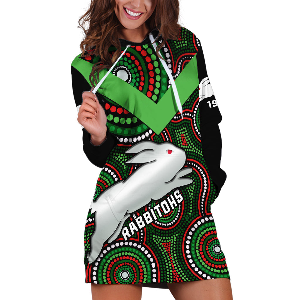 Personalised Rabbitohs Rugby Hoodie Dress Souths 1908 Indigenous Art - Vibe Hoodie Shop