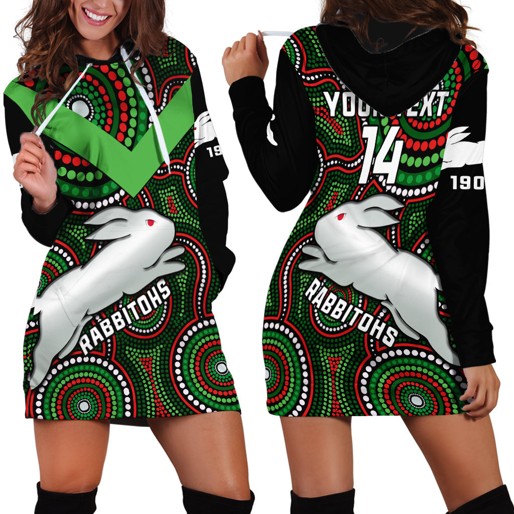 Personalised Rabbitohs Rugby Hoodie Dress Souths 1908 Indigenous Art - Vibe Hoodie Shop