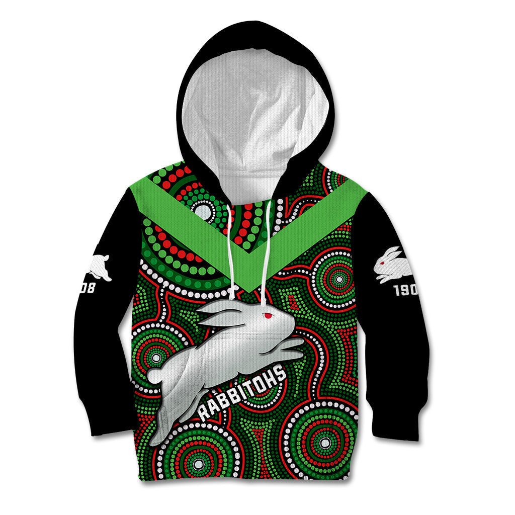 Personalised Rabbitohs Rugby Kid Hoodie Souths 1908 Indigenous Art - Vibe Hoodie Shop
