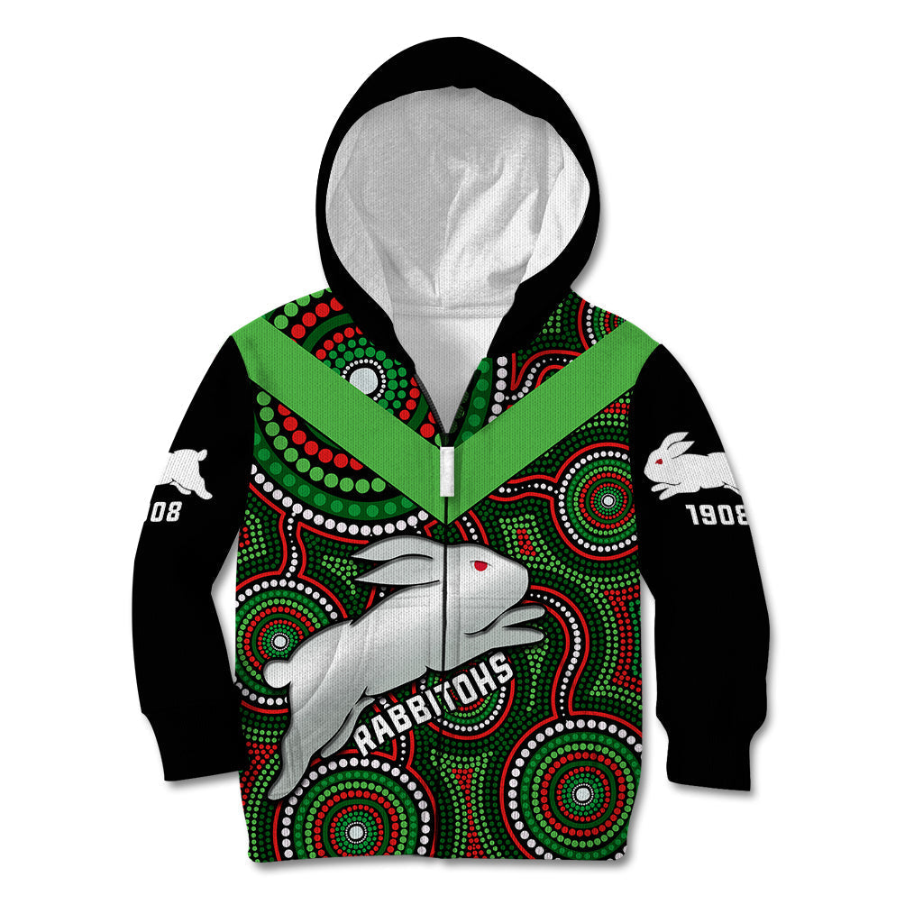 Personalised Rabbitohs Rugby Kid Hoodie Souths 1908 Indigenous Art - Vibe Hoodie Shop