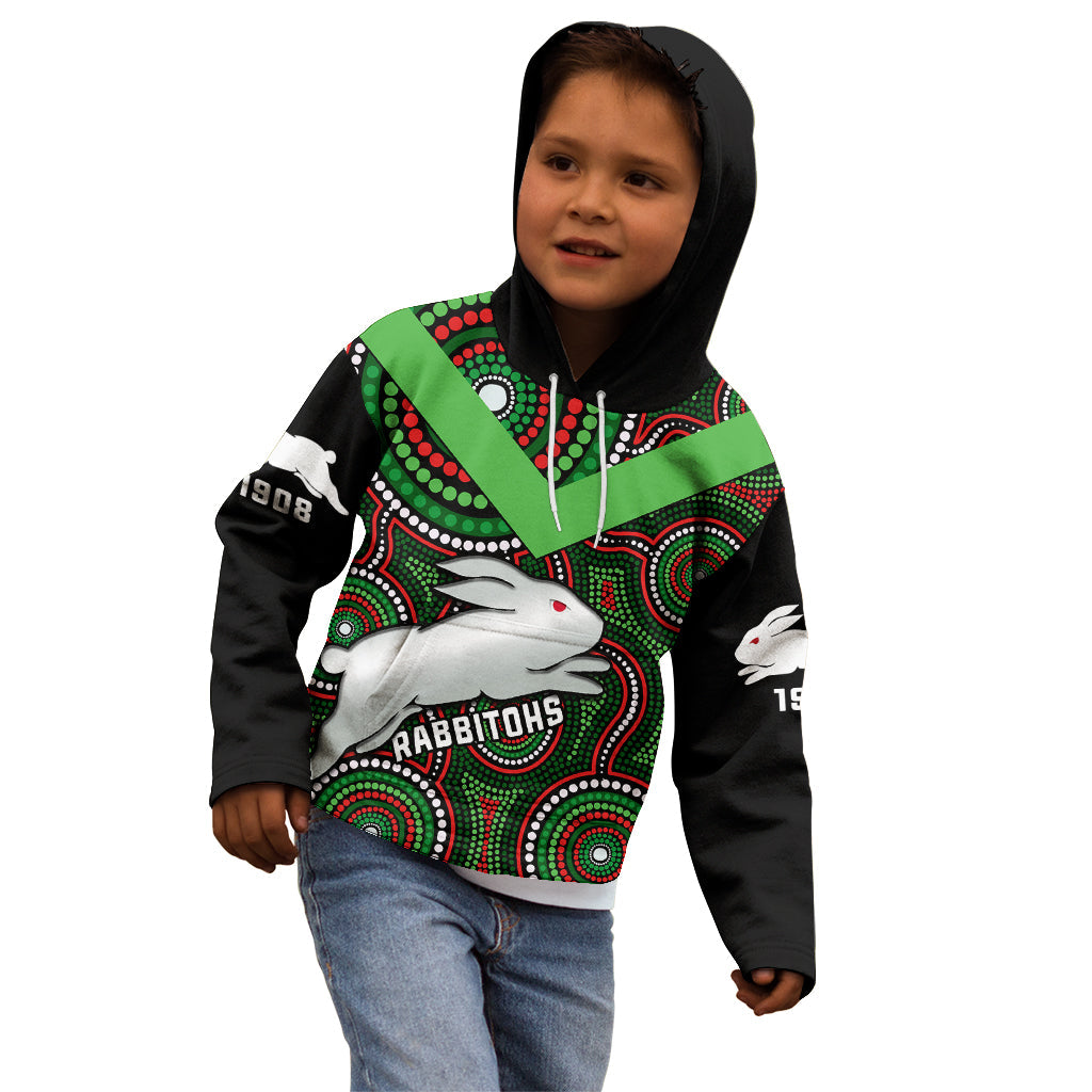 Personalised Rabbitohs Rugby Kid Hoodie Souths 1908 Indigenous Art - Vibe Hoodie Shop