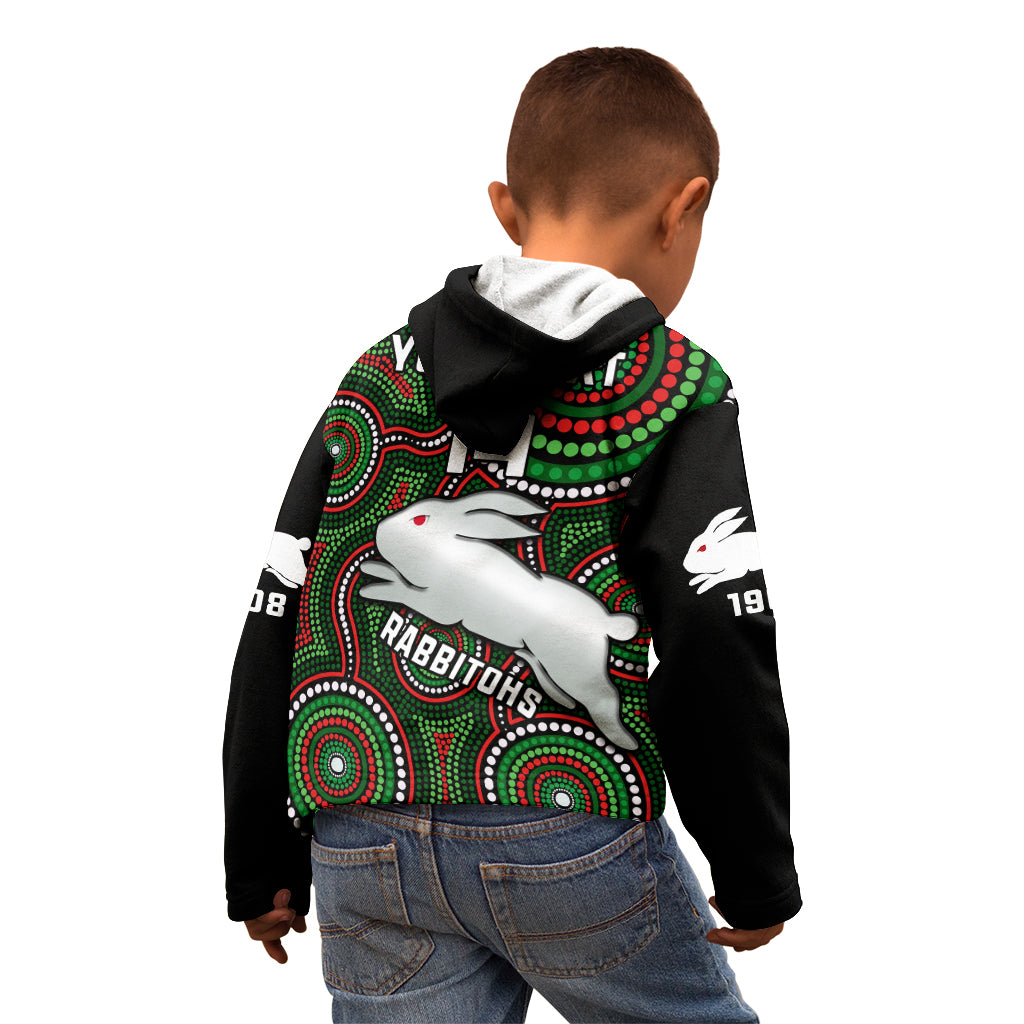Personalised Rabbitohs Rugby Kid Hoodie Souths 1908 Indigenous Art - Vibe Hoodie Shop