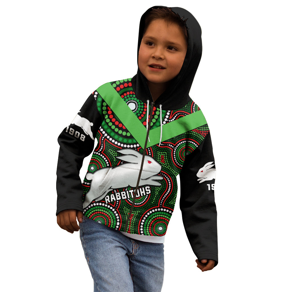Personalised Rabbitohs Rugby Kid Hoodie Souths 1908 Indigenous Art - Vibe Hoodie Shop