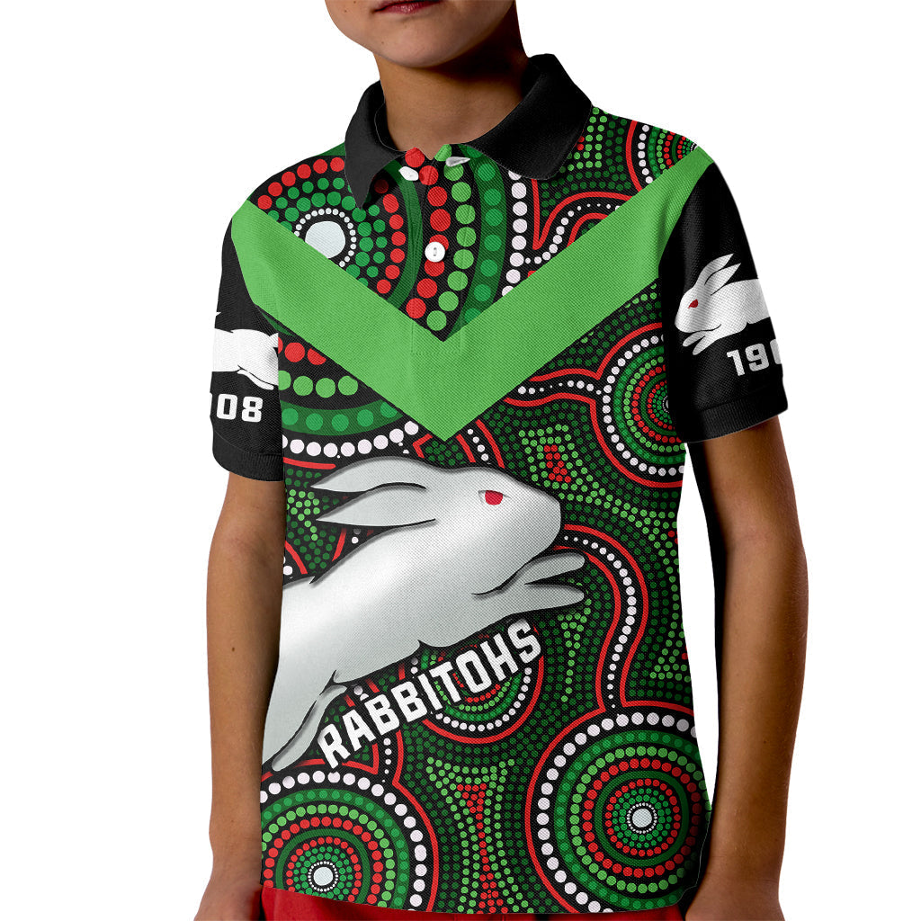 Personalised Rabbitohs Rugby Kid Polo Shirt Souths 1908 Indigenous Art - Vibe Hoodie Shop