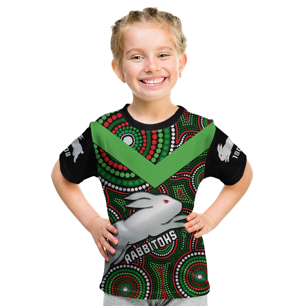 Personalised Rabbitohs Rugby Kid T Shirt Souths 1908 Indigenous Art - Vibe Hoodie Shop