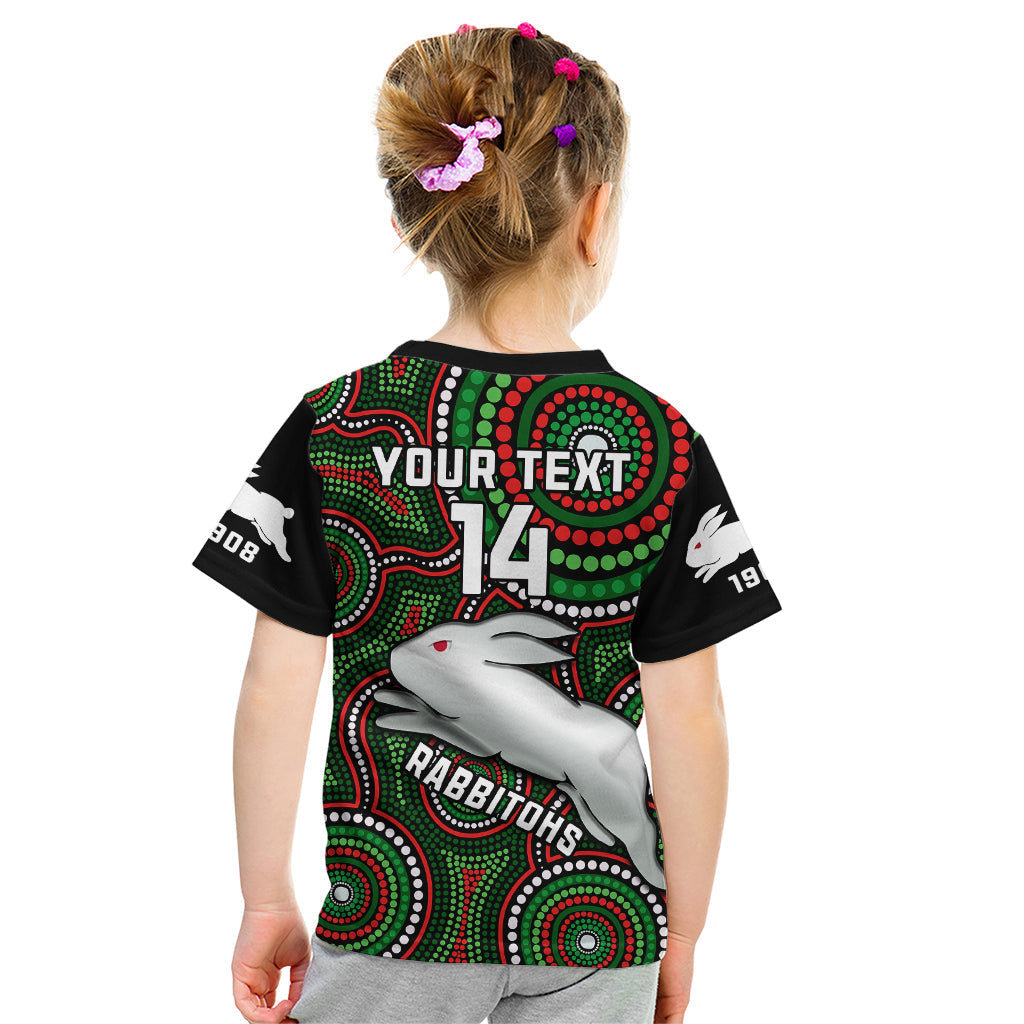Personalised Rabbitohs Rugby Kid T Shirt Souths 1908 Indigenous Art - Vibe Hoodie Shop