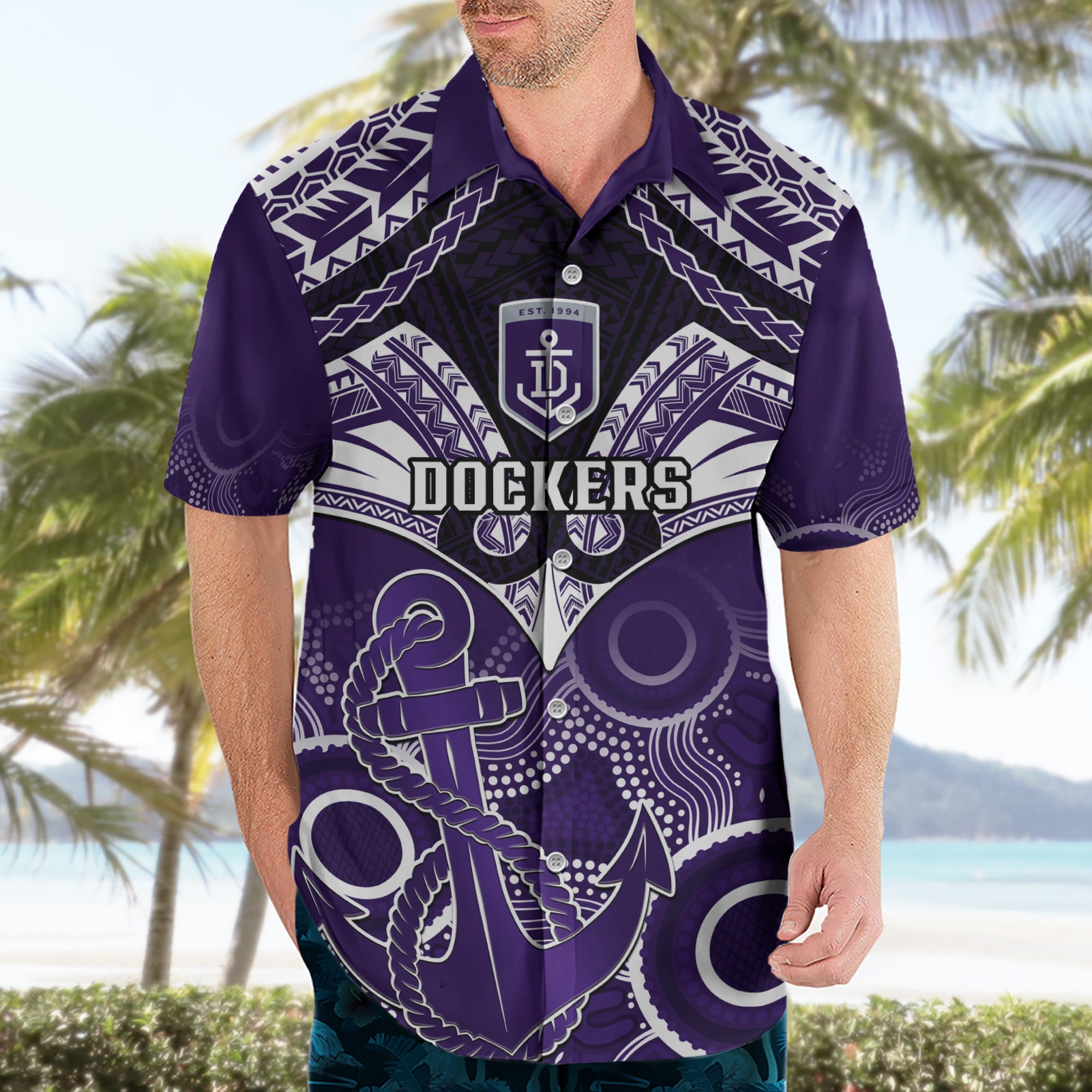 Dockers Football Hawaiian Shirt Fremantle Aboriginal Mix Polynesian Pattern - Vibe Hoodie Shop