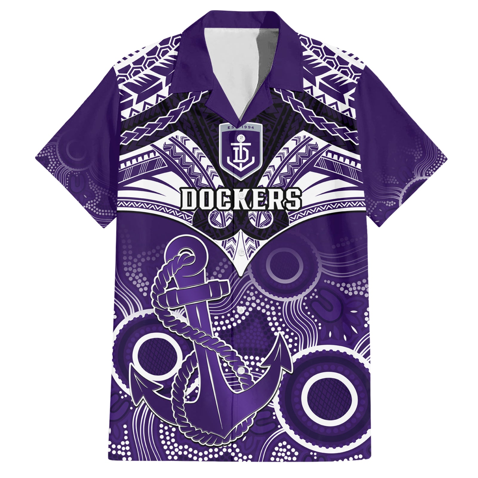 Personalised Dockers Football Hawaiian Shirt Fremantle Aboriginal Mix Polynesian Pattern - Vibe Hoodie Shop