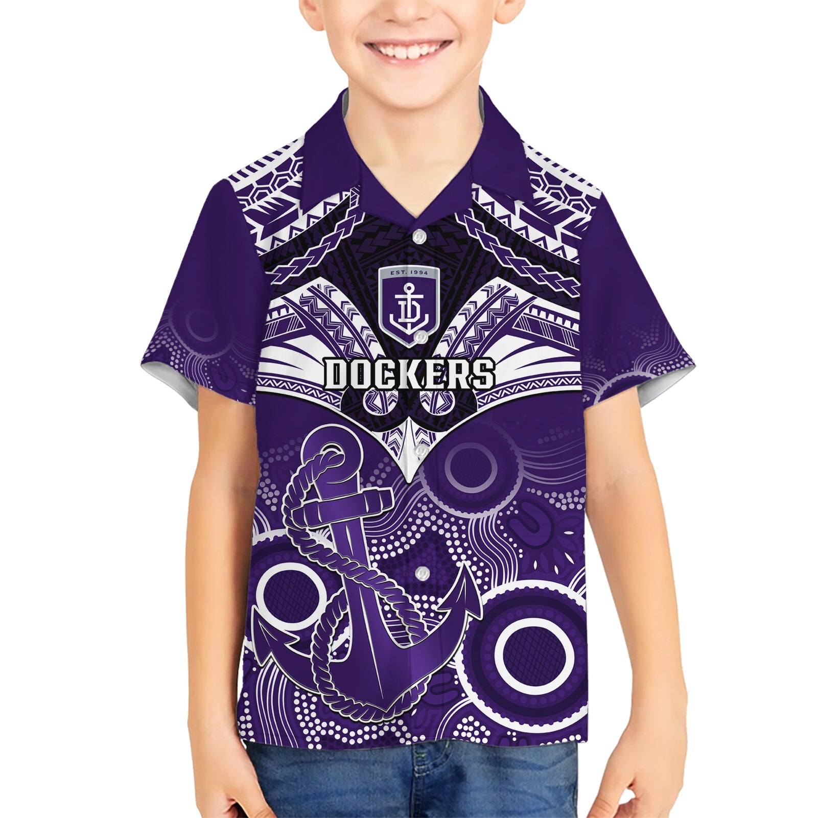 Personalised Dockers Football Hawaiian Shirt Fremantle Aboriginal Mix Polynesian Pattern - Vibe Hoodie Shop