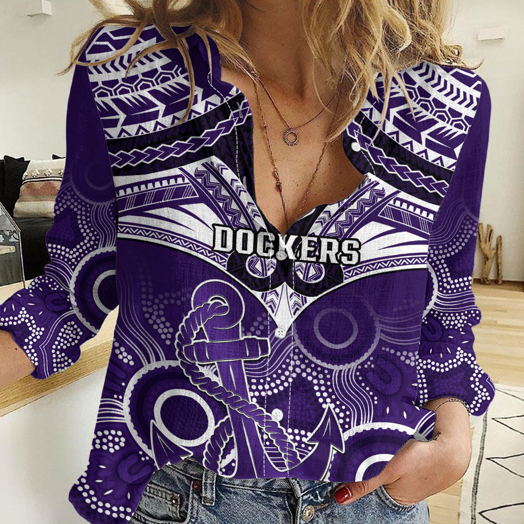 Personalised Dockers Football Women Casual Shirt Fremantle Aboriginal Mix Polynesian Pattern - Vibe Hoodie Shop