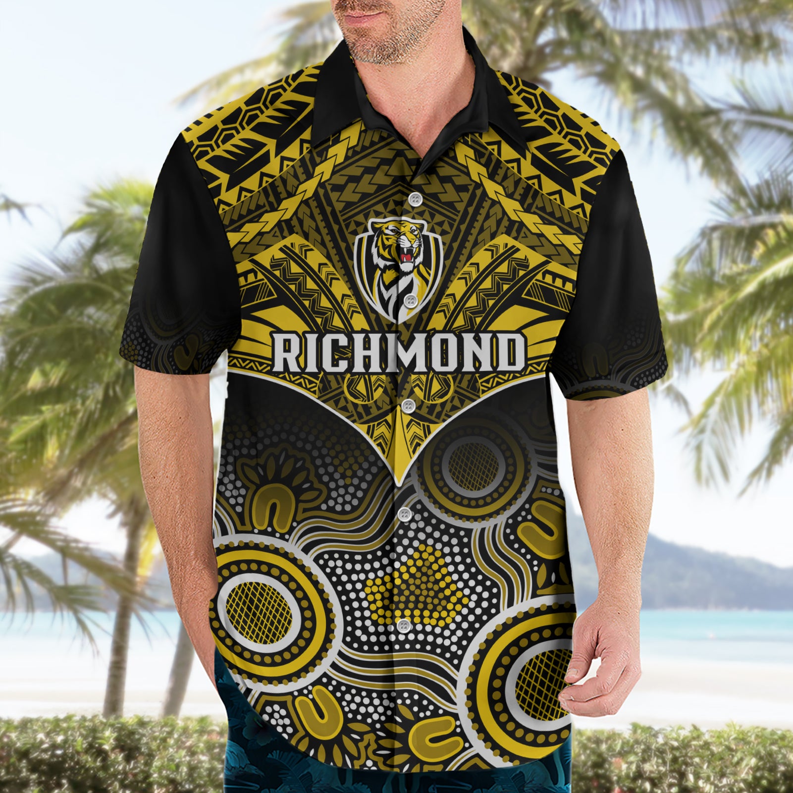 Richmond Football Hawaiian Shirt Tigers Aboriginal Mix Polynesian Pattern - Vibe Hoodie Shop