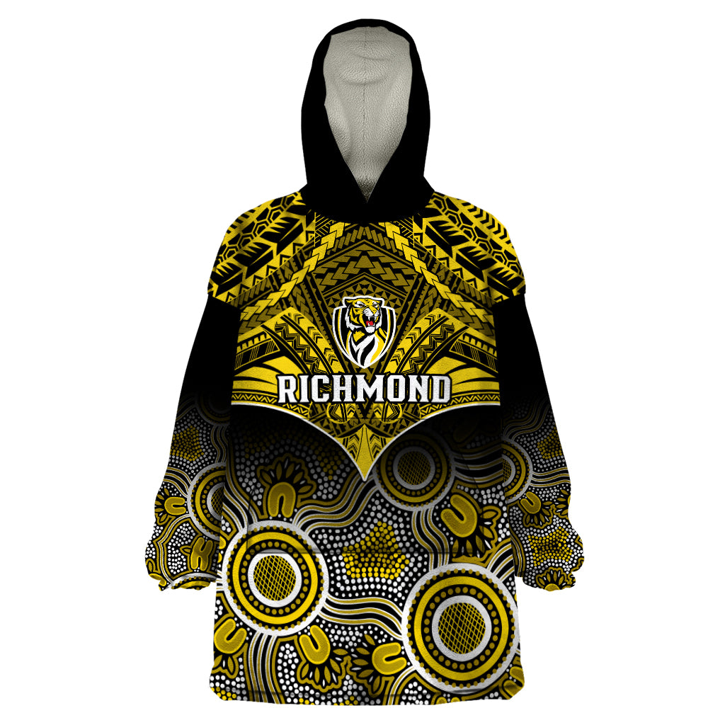 Richmond Football Wearable Blanket Hoodie Tigers Aboriginal Mix Polynesian Pattern - Vibe Hoodie Shop