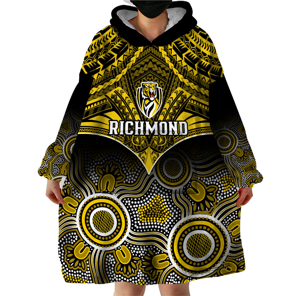 Richmond Football Wearable Blanket Hoodie Tigers Aboriginal Mix Polynesian Pattern - Vibe Hoodie Shop