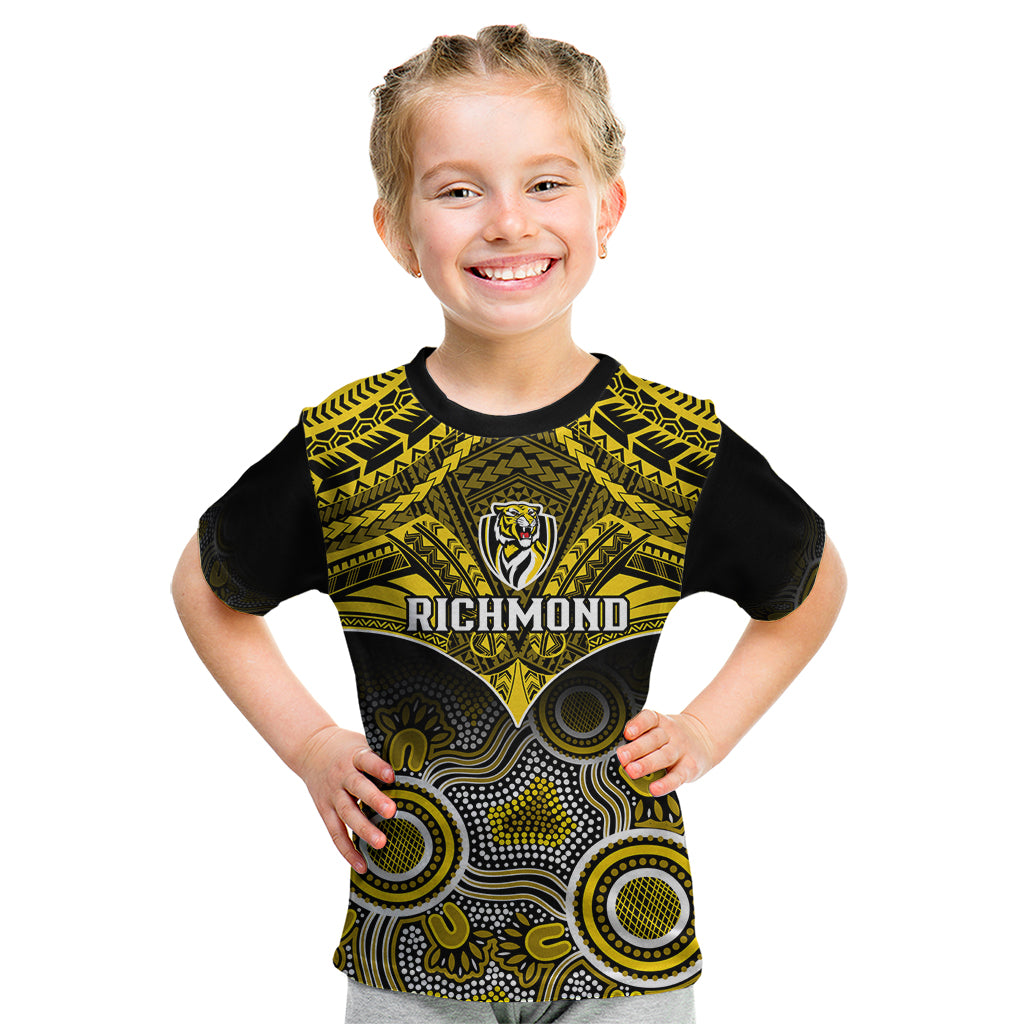 Personalised Richmond Football Kid T Shirt Tigers Aboriginal Mix Polynesian Pattern - Vibe Hoodie Shop