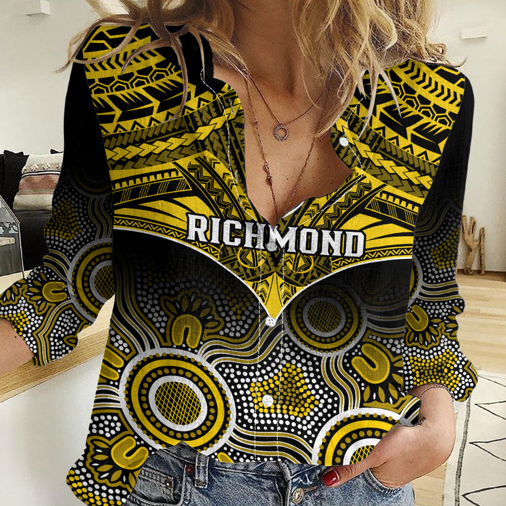 Personalised Richmond Football Women Casual Shirt Tigers Aboriginal Mix Polynesian Pattern - Vibe Hoodie Shop