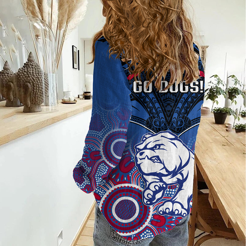 Bulldogs Football Women Casual Shirt Doggies Aboriginal Mix Polynesian Pattern - Vibe Hoodie Shop
