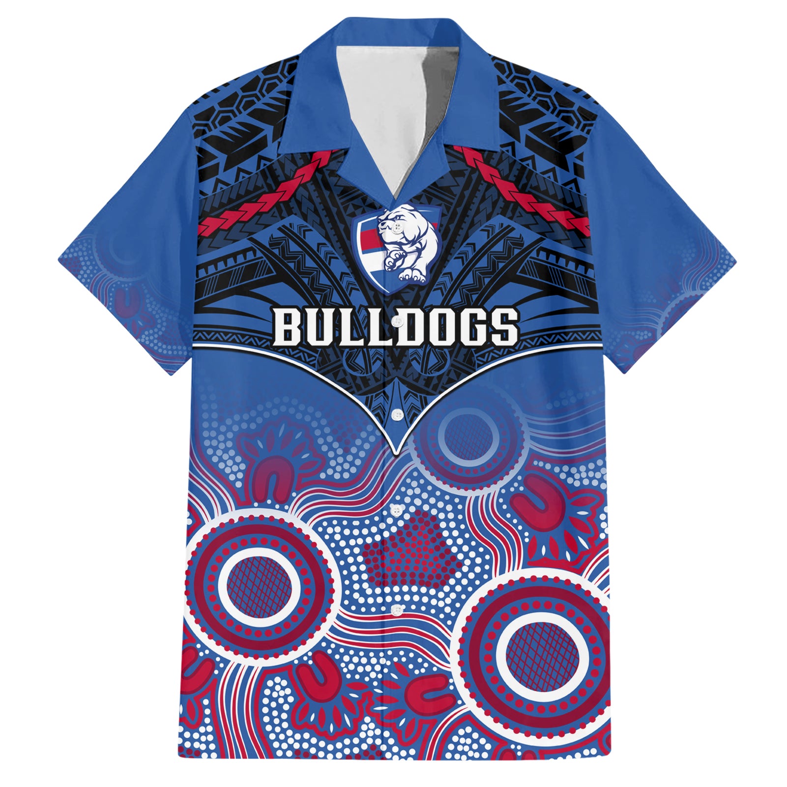 Personalised Bulldogs Football Hawaiian Shirt Doggies Aboriginal Mix Polynesian Pattern - Vibe Hoodie Shop