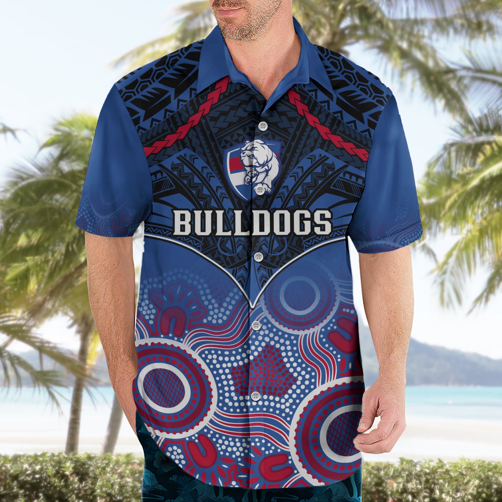 Personalised Bulldogs Football Hawaiian Shirt Doggies Aboriginal Mix Polynesian Pattern - Vibe Hoodie Shop