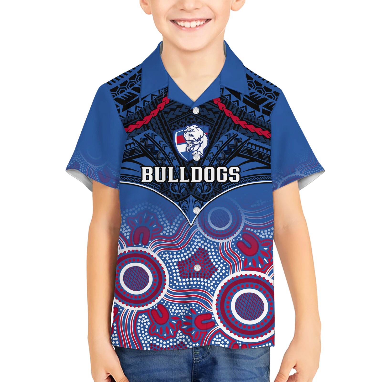 Personalised Bulldogs Football Hawaiian Shirt Doggies Aboriginal Mix Polynesian Pattern - Vibe Hoodie Shop
