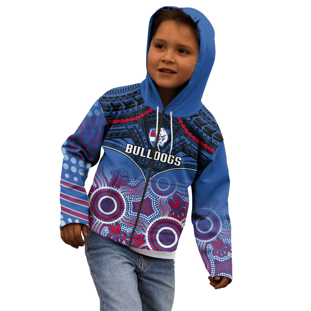 Personalised Bulldogs Football Kid Hoodie Doggies Aboriginal Mix Polynesian Pattern - Vibe Hoodie Shop