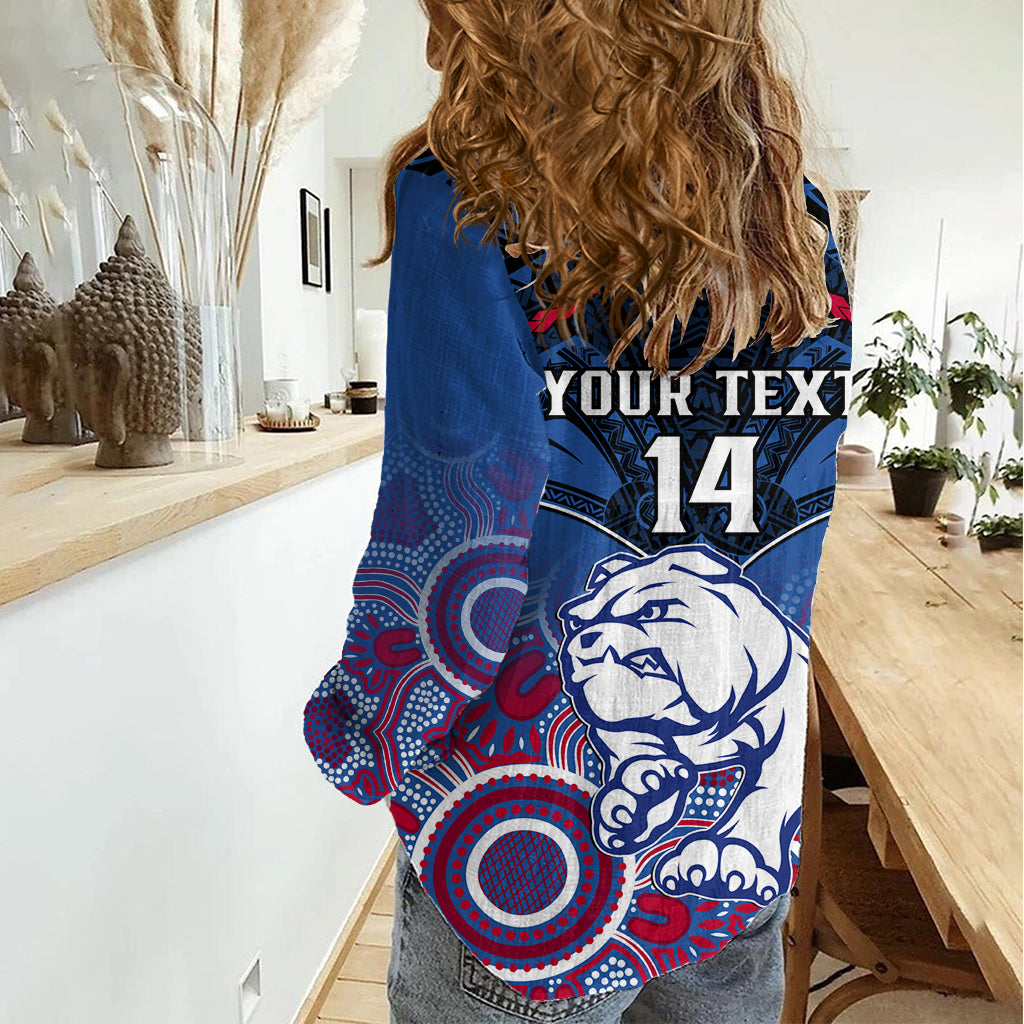 Personalised Bulldogs Football Women Casual Shirt Doggies Aboriginal Mix Polynesian Pattern - Vibe Hoodie Shop