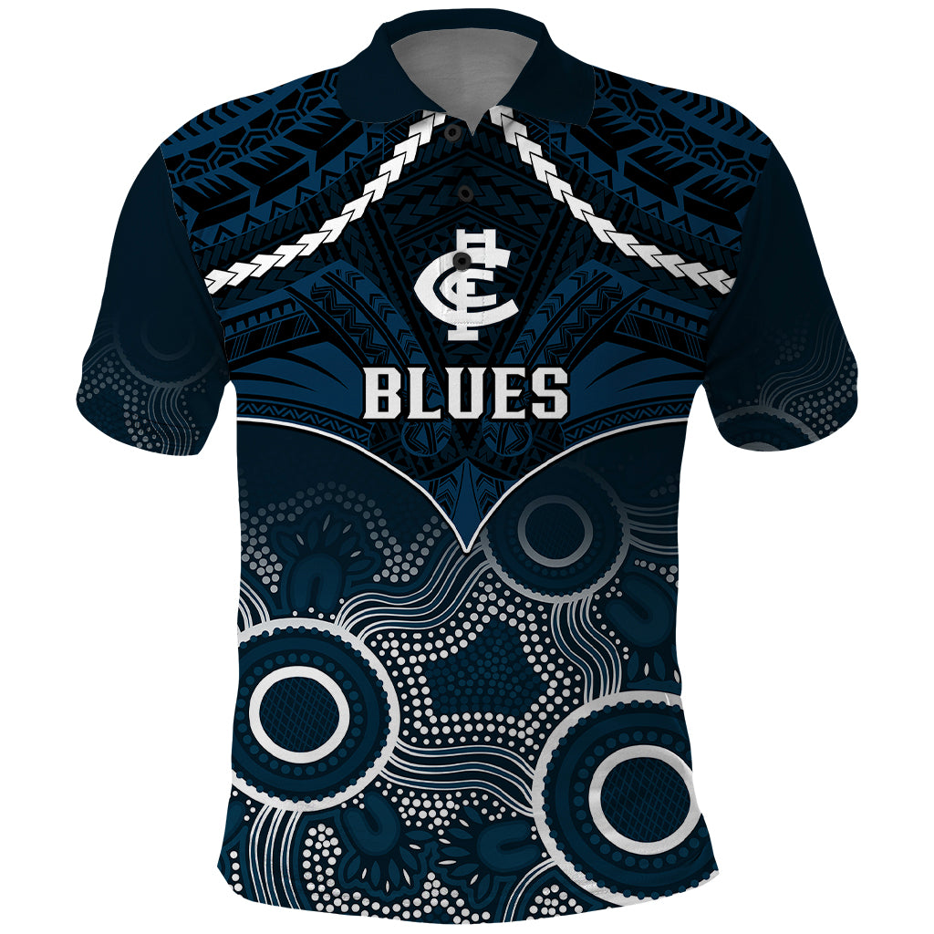 Carlton Football Polo Shirt Blues Aboriginal Mix Polynesian Pattern - Vibe Hoodie Shop