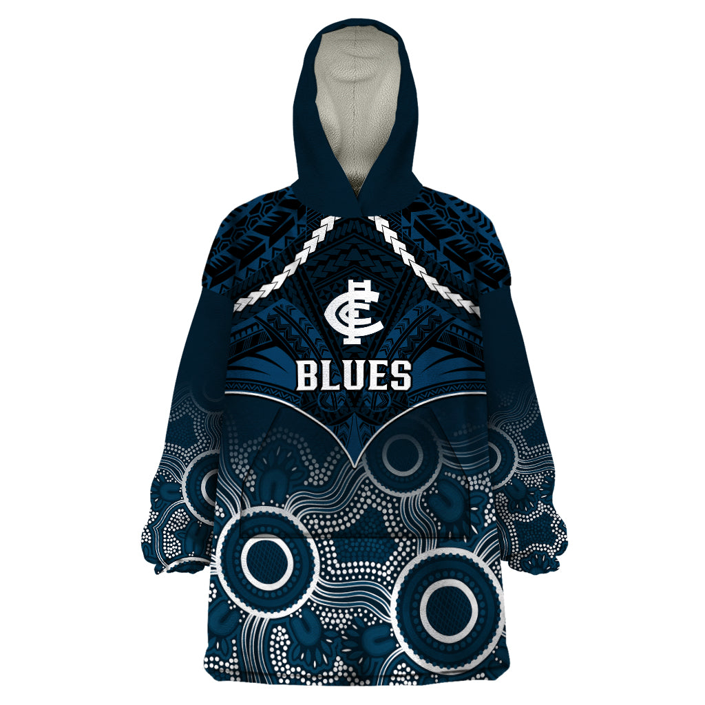 Personalised Carlton Football Wearable Blanket Hoodie Blues Aboriginal Mix Polynesian Pattern - Vibe Hoodie Shop