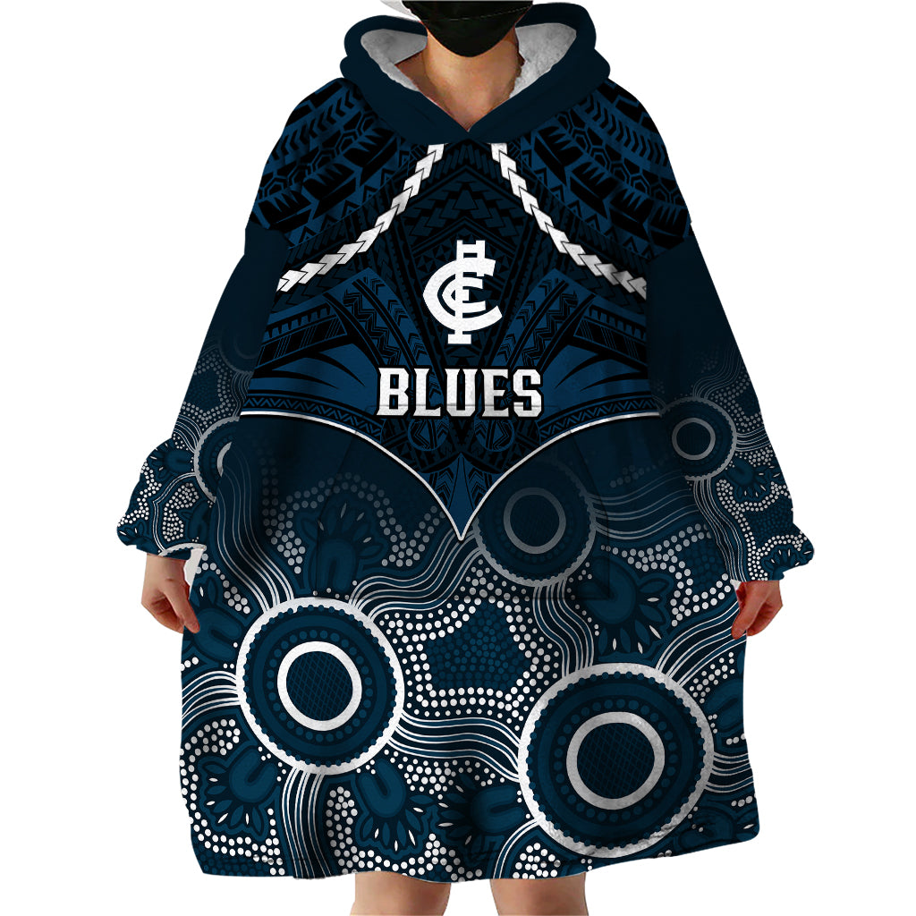 Personalised Carlton Football Wearable Blanket Hoodie Blues Aboriginal Mix Polynesian Pattern - Vibe Hoodie Shop