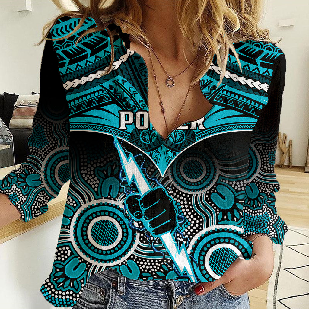Port Adelaide Football Women Casual Shirt Power Aboriginal Mix Polynesian Pattern - Vibe Hoodie Shop
