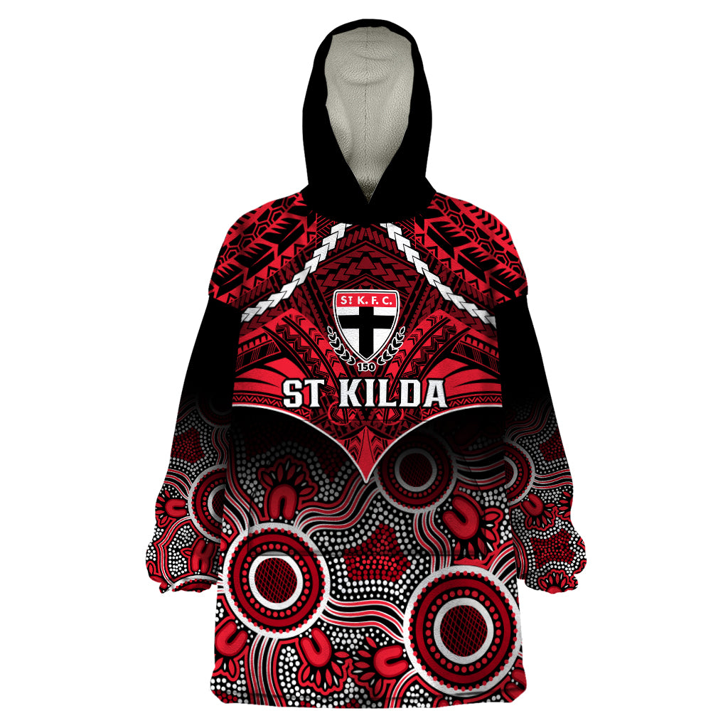 St Kilda Football Wearable Blanket Hoodie Saints Aboriginal Mix Polynesian Pattern - Vibe Hoodie Shop