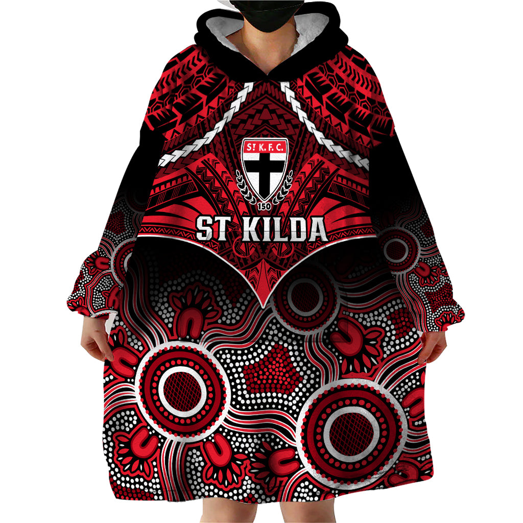 St Kilda Football Wearable Blanket Hoodie Saints Aboriginal Mix Polynesian Pattern - Vibe Hoodie Shop