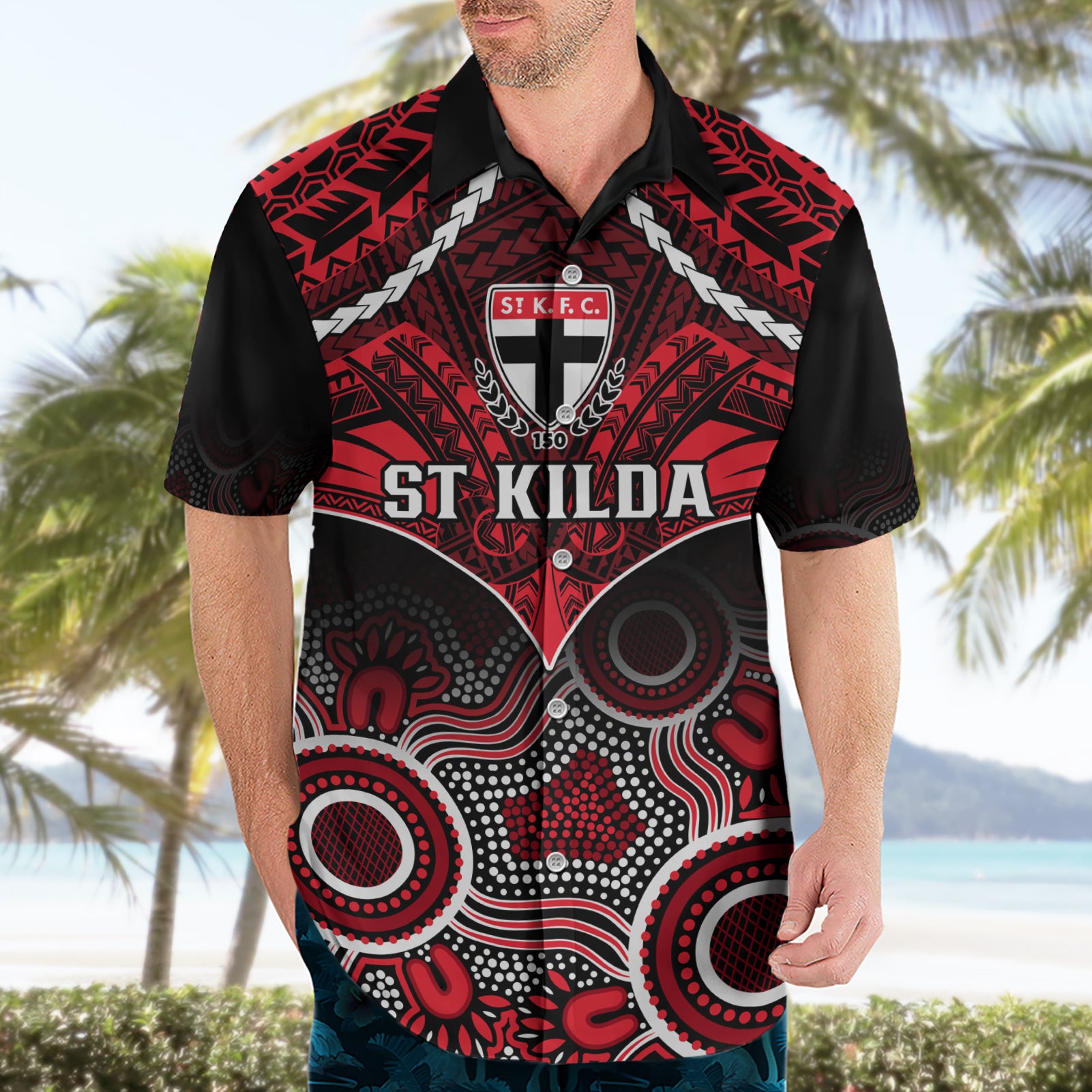 Personalised St Kilda Football Hawaiian Shirt Saints Aboriginal Mix Polynesian Pattern - Vibe Hoodie Shop