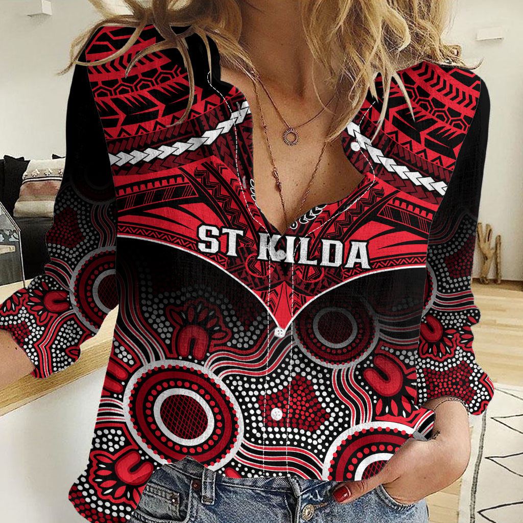 Personalised St Kilda Football Women Casual Shirt Saints Aboriginal Mix Polynesian Pattern - Vibe Hoodie Shop