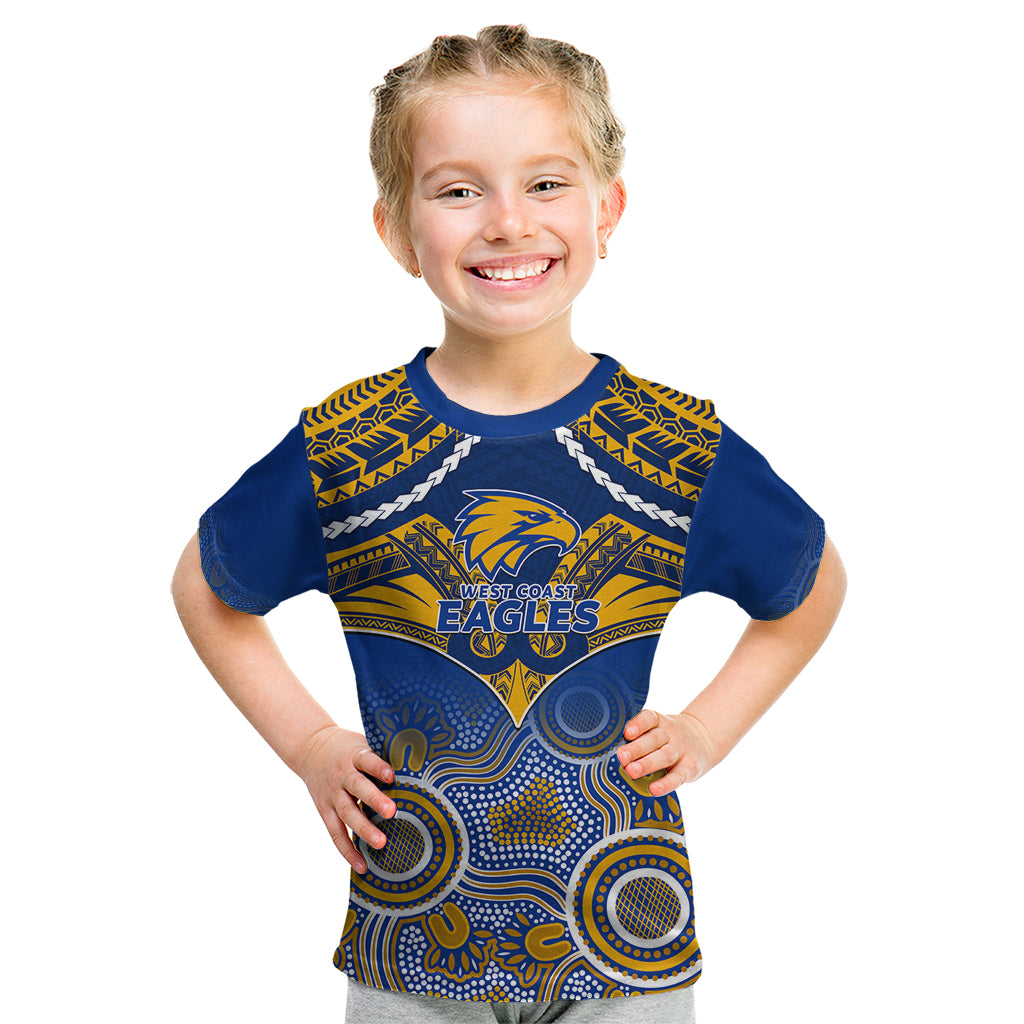 Personalised West Coast Football Kid T Shirt Eagles Aboriginal Mix Polynesian Pattern - Vibe Hoodie Shop