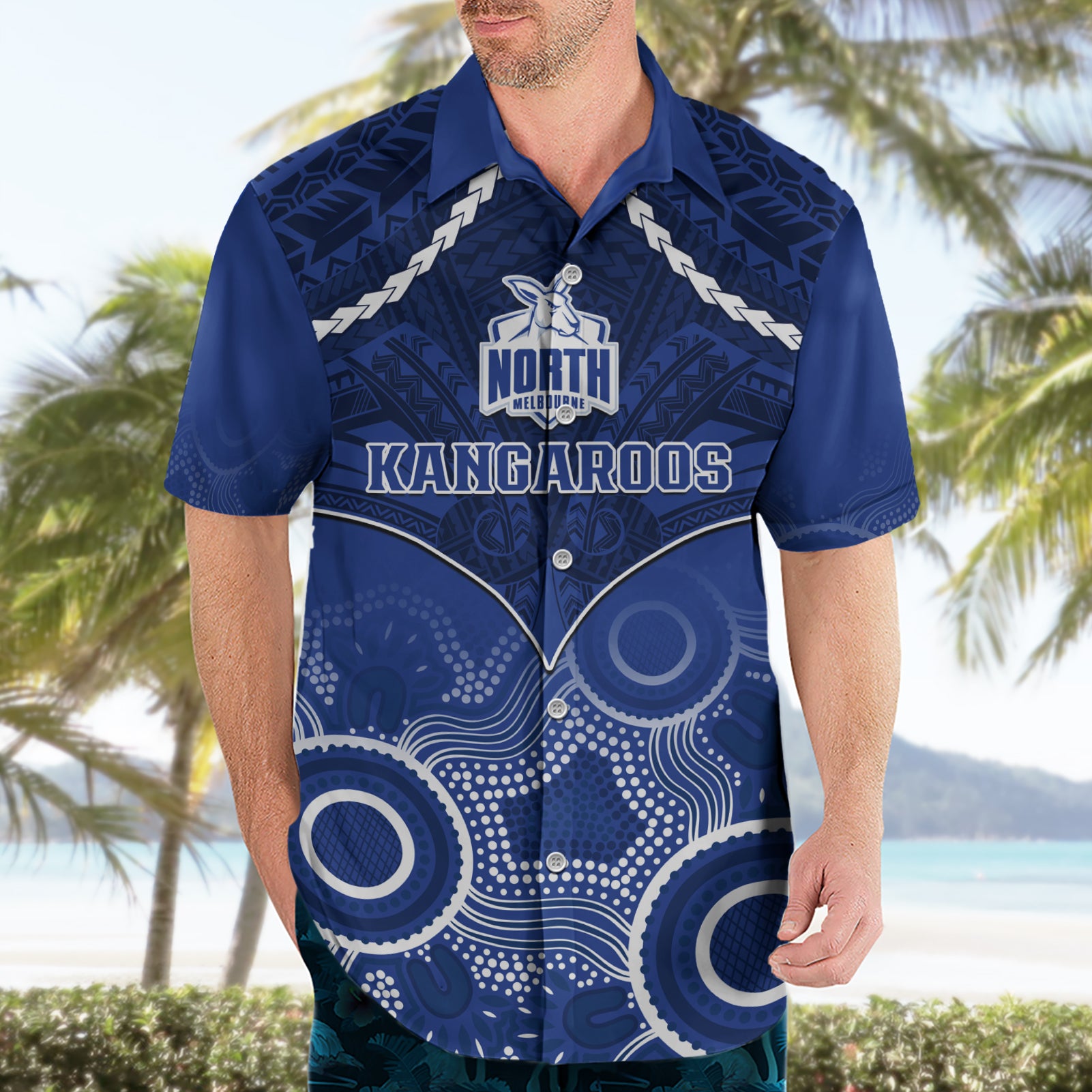 Personalised North Melbourne Football Hawaiian Shirt Kangaroos Aboriginal Mix Polynesian Pattern - Vibe Hoodie Shop