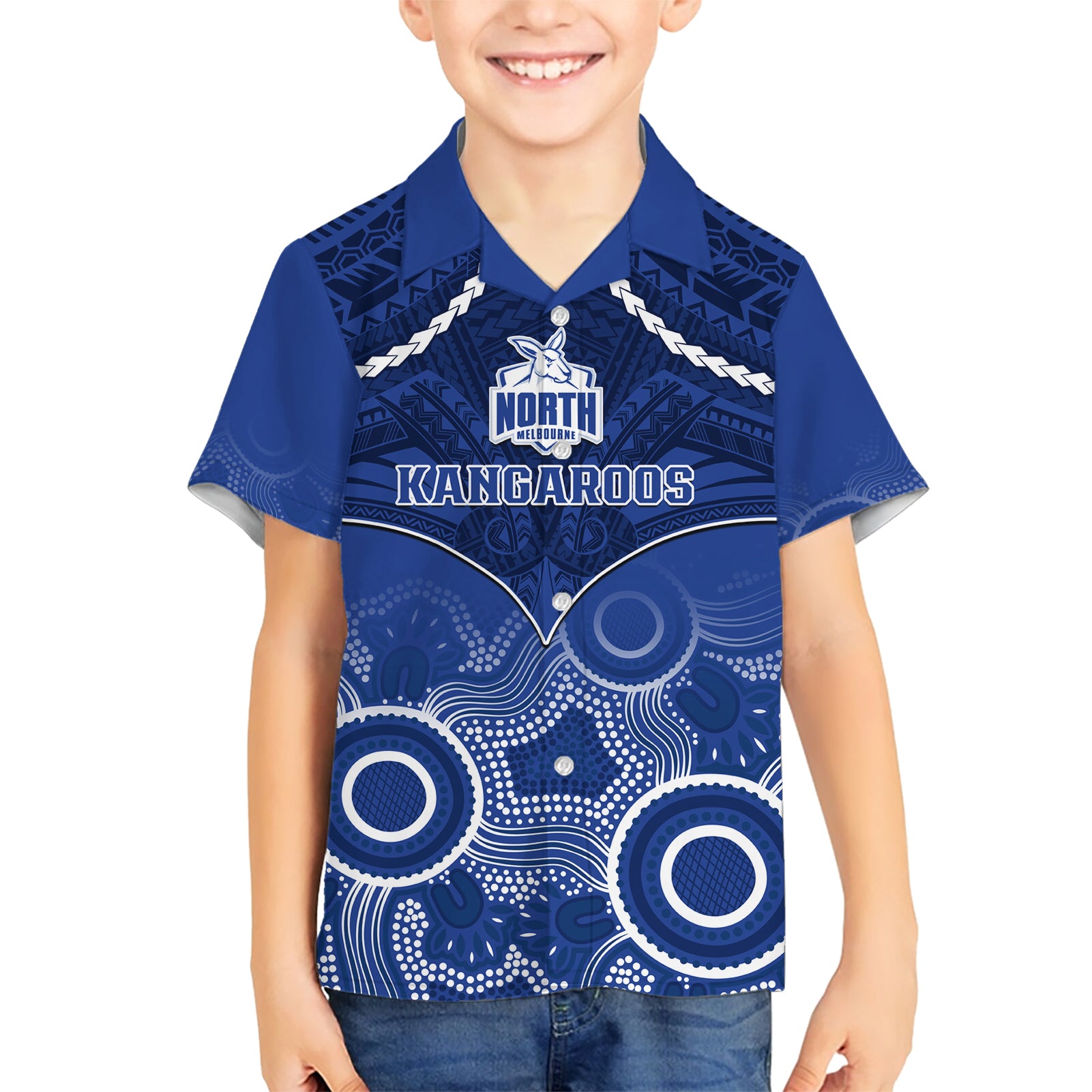 Personalised North Melbourne Football Hawaiian Shirt Kangaroos Aboriginal Mix Polynesian Pattern - Vibe Hoodie Shop