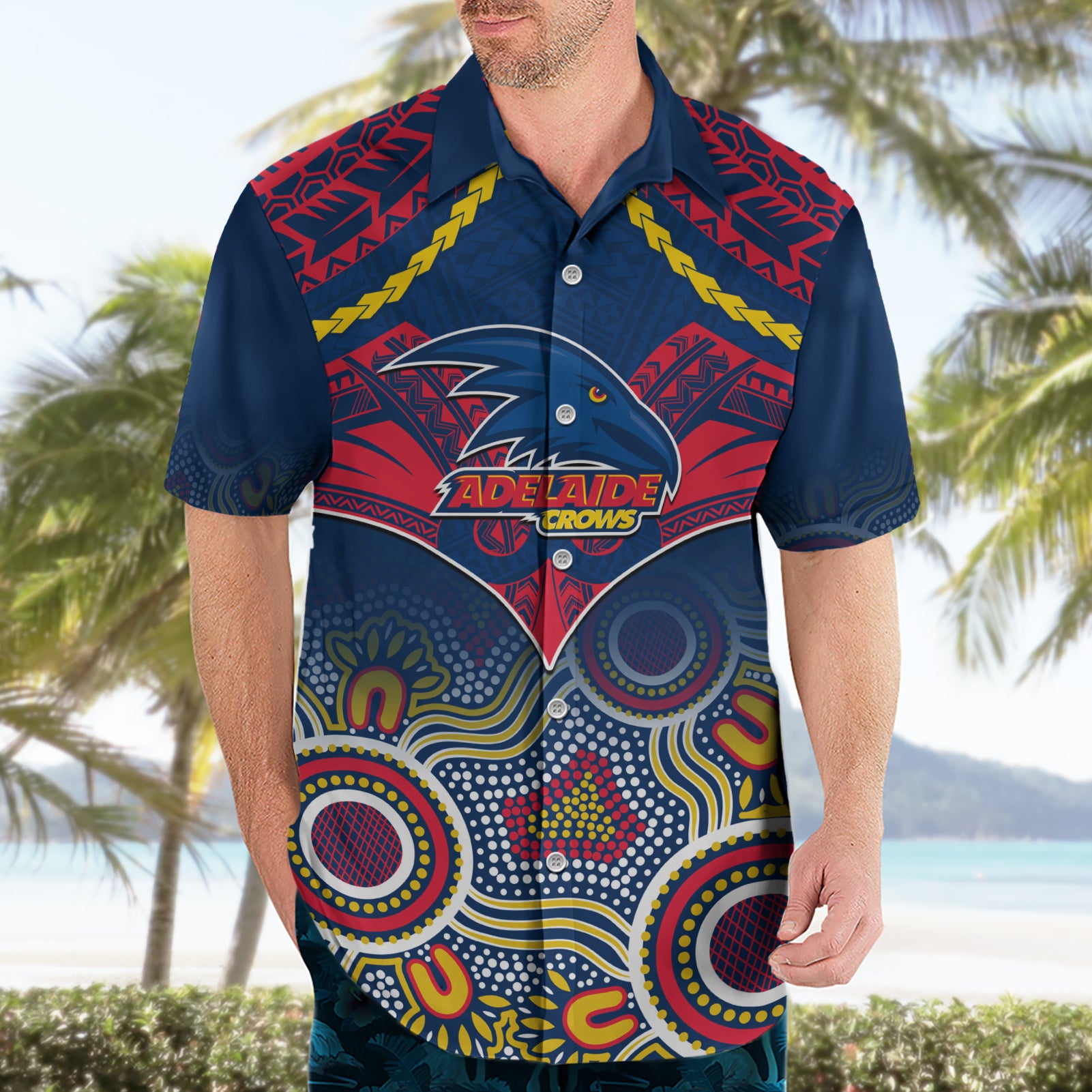 Personalised Adelaide Crows Football Hawaiian Shirt Aboriginal Mix Polynesian Pattern - Vibe Hoodie Shop
