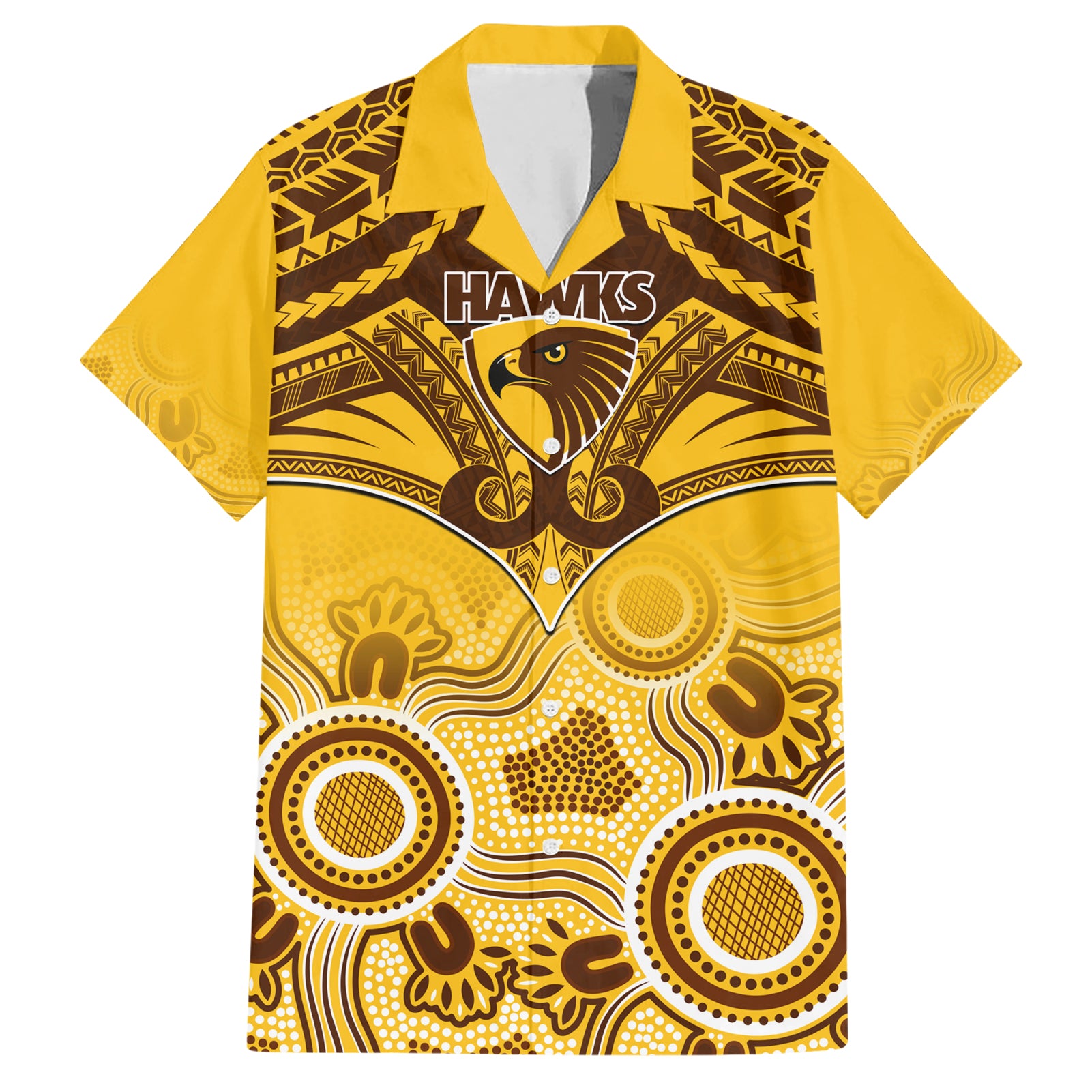 Hawthorn Football Hawaiian Shirt Hawks Aboriginal Mix Polynesian Pattern - Vibe Hoodie Shop